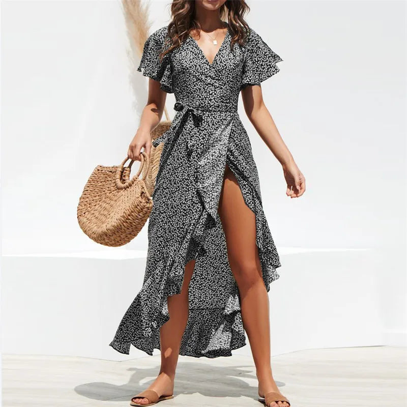 Boho Floral Chiffon Maxi Dress – Ruffled Wrap Beachwear | Dozw