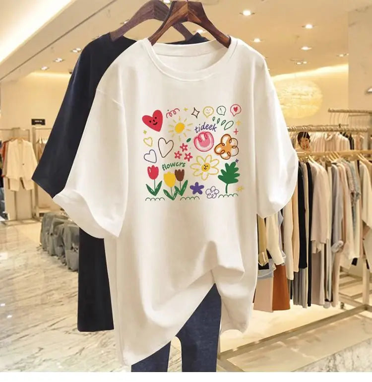 Women’s Chic Hand-Painted Floral T-Shirt – Casual Summer Cotton Tee