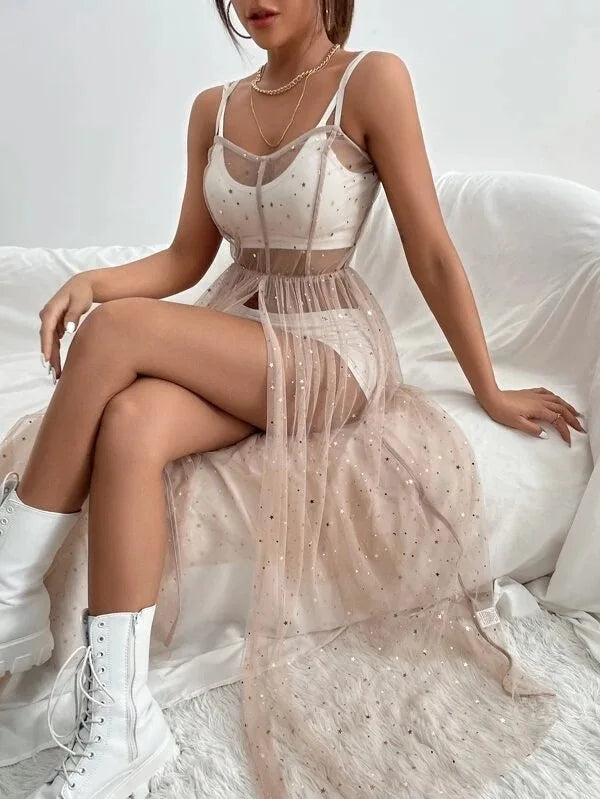 AXZIO Summer Women’s Mesh See-Through Dress with Sequins & Gauze Overlay