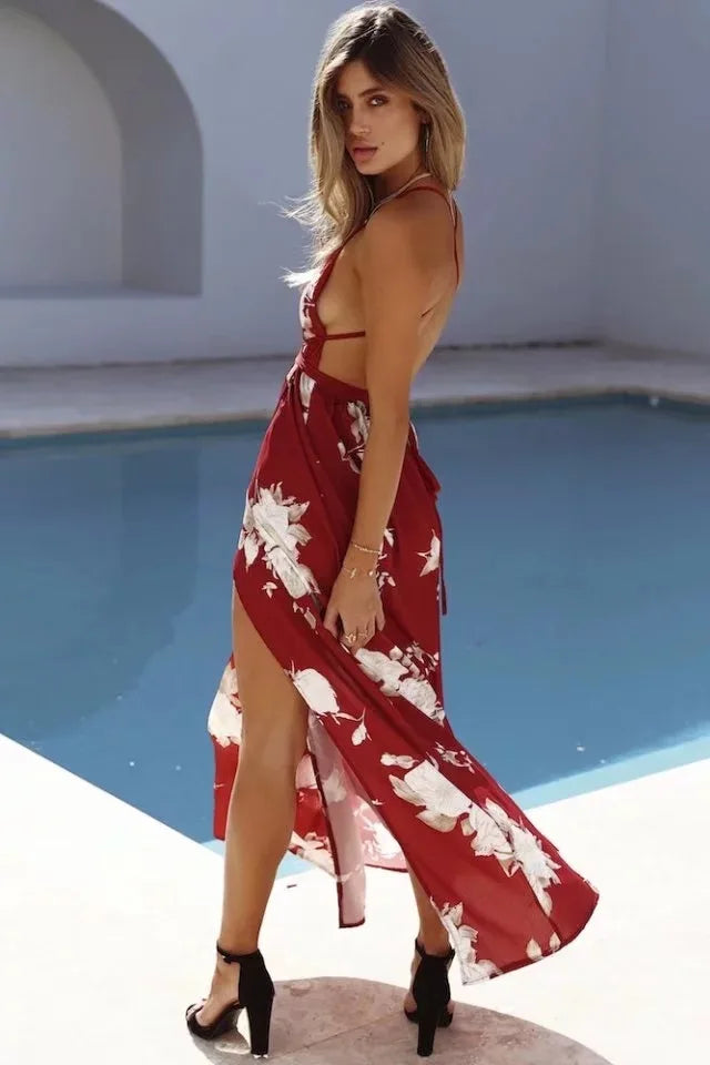 Sexy Women Boho Maxi Club Red Dress – Elegant Deep V-Neck Bandage Infinity Gown