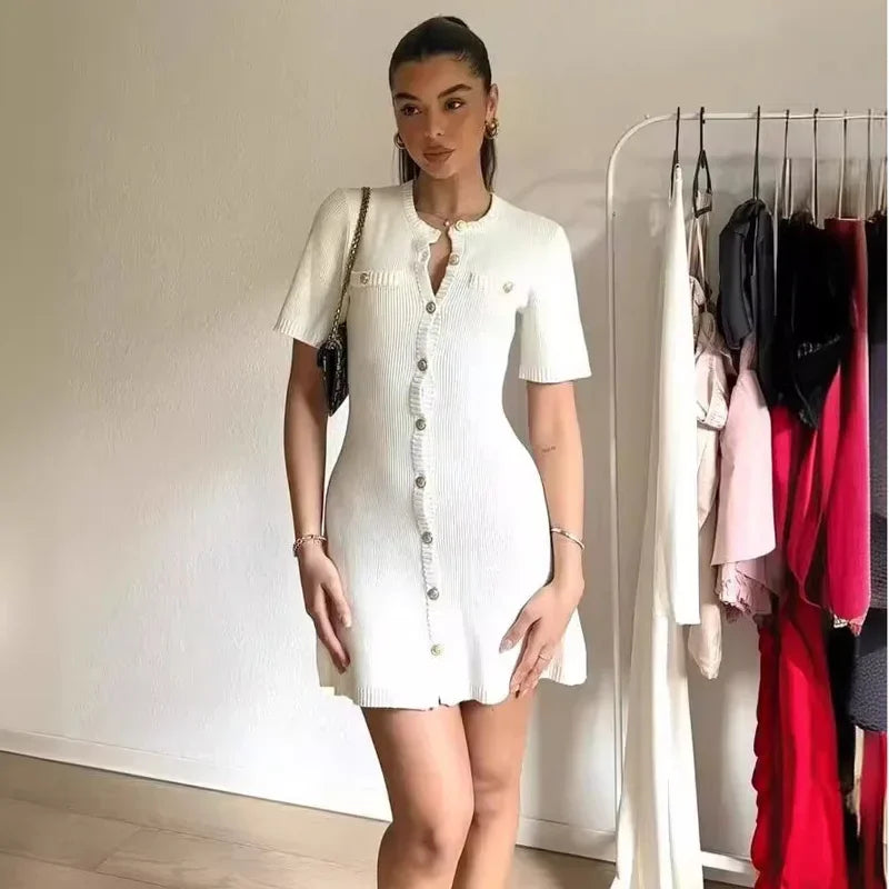 White Ribbed Knit Mini Dress – Slim Fit, Metal Buttons, Short Sleeve | MODIVA