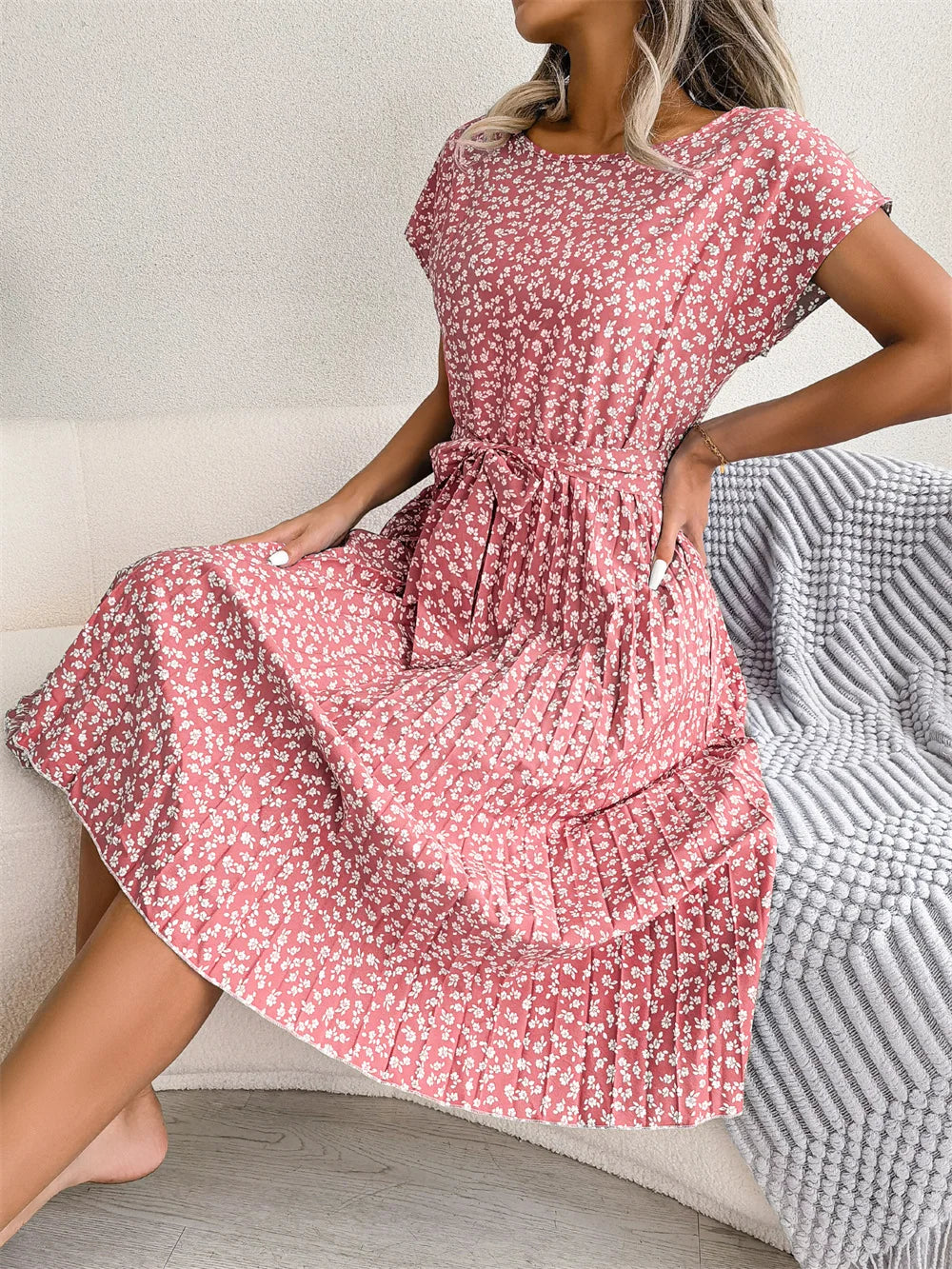 Floral Pleated Chic Summer Dress – High Waist, Short Sleeve, A-Line Knee-Length Dress for Women