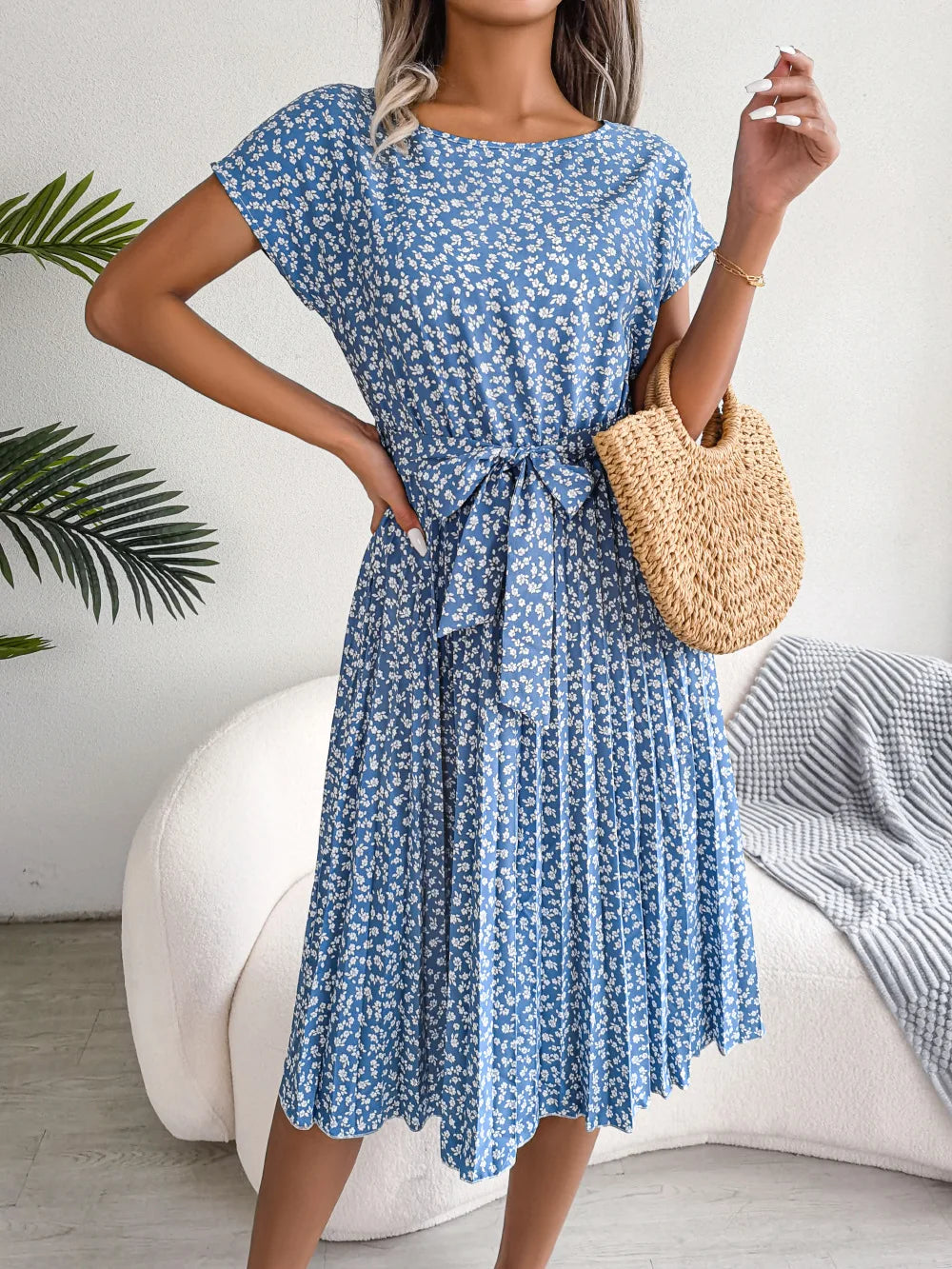 Floral Pleated Chic Summer Dress – High Waist, Short Sleeve, A-Line Knee-Length Dress for Women