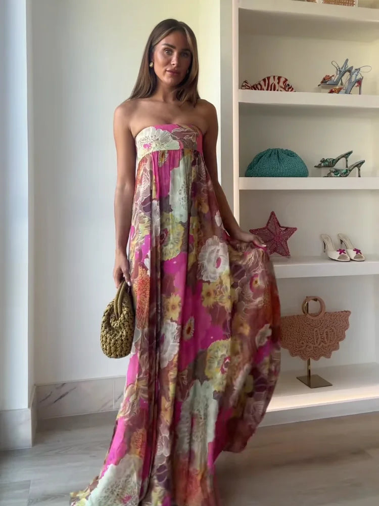 Bassonmy Retro Print Strapless Maxi Dress – Off Shoulder Sleeveless Summer Dress