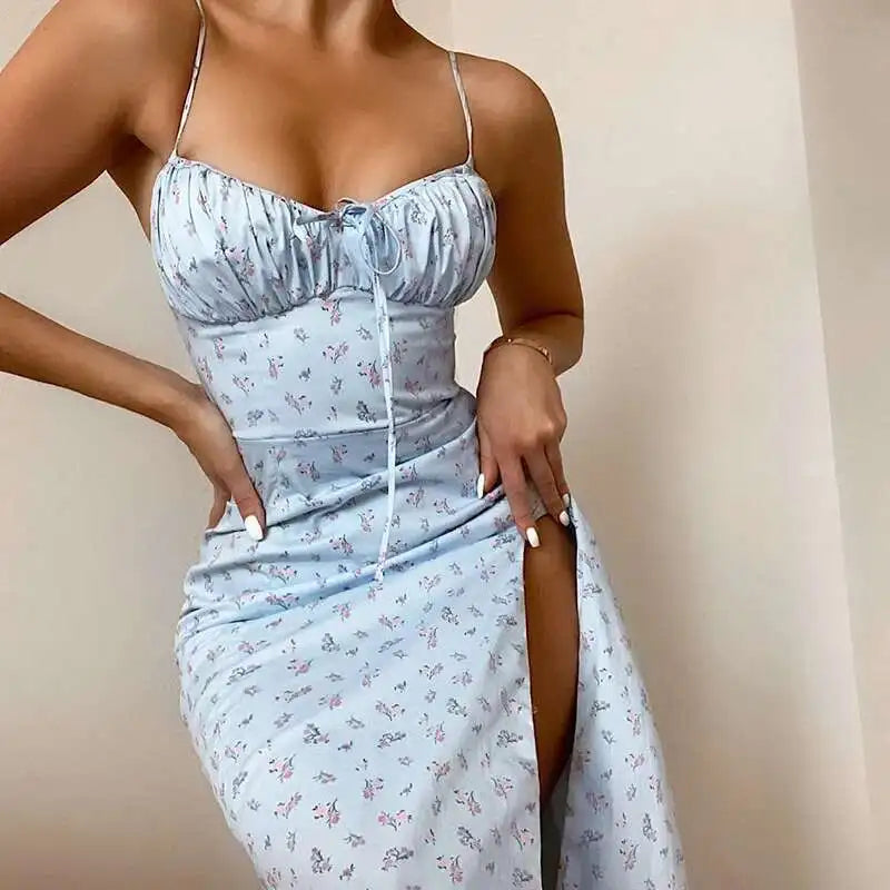Women Elegant Floral Beach Vacation Dress Vintage Bodycon Streetwear Long Sling Vent Dress