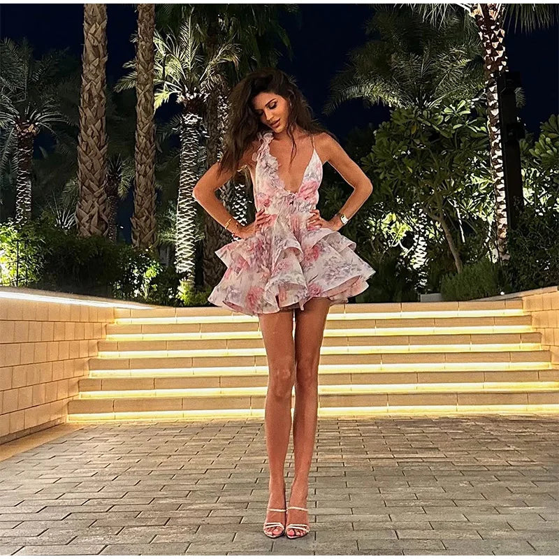 Elegant Floral Backless Party Mini Dress – Lace-Up Ruffle A-line Sling Dress for Women