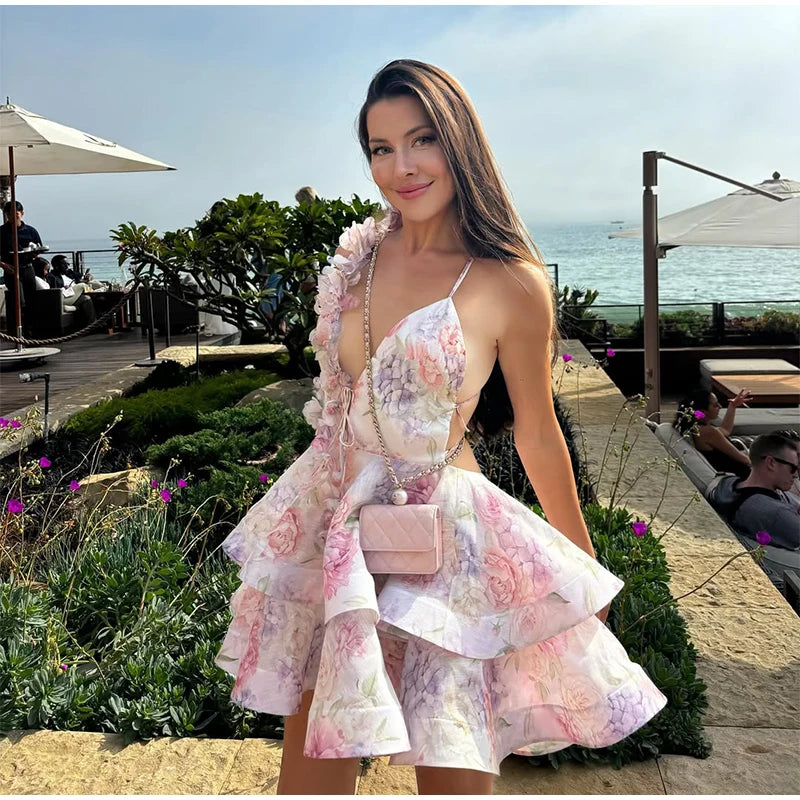 Elegant Floral Backless Party Mini Dress – Lace-Up Ruffle A-line Sling Dress for Women