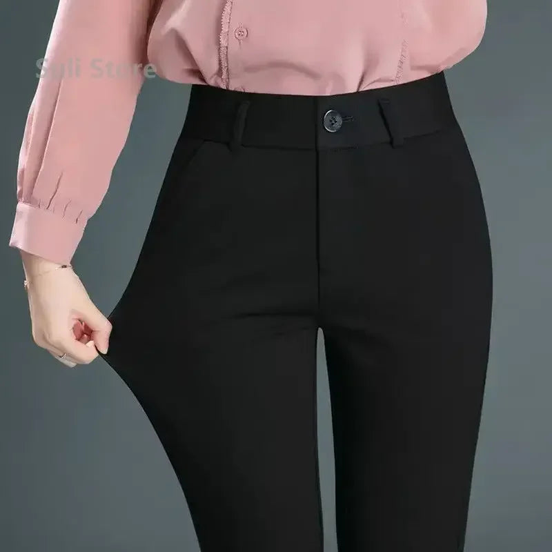 Mid Waist Black & Navy Blue Trousers – Casual Button Elastic Pants for Women