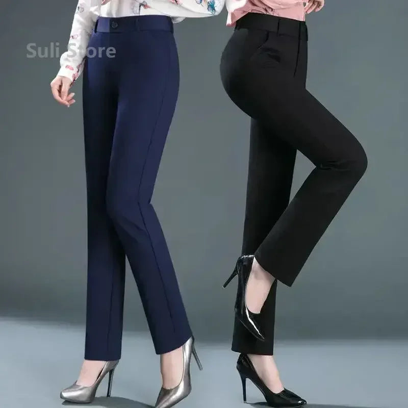 Mid Waist Black & Navy Blue Trousers – Casual Button Elastic Pants for Women