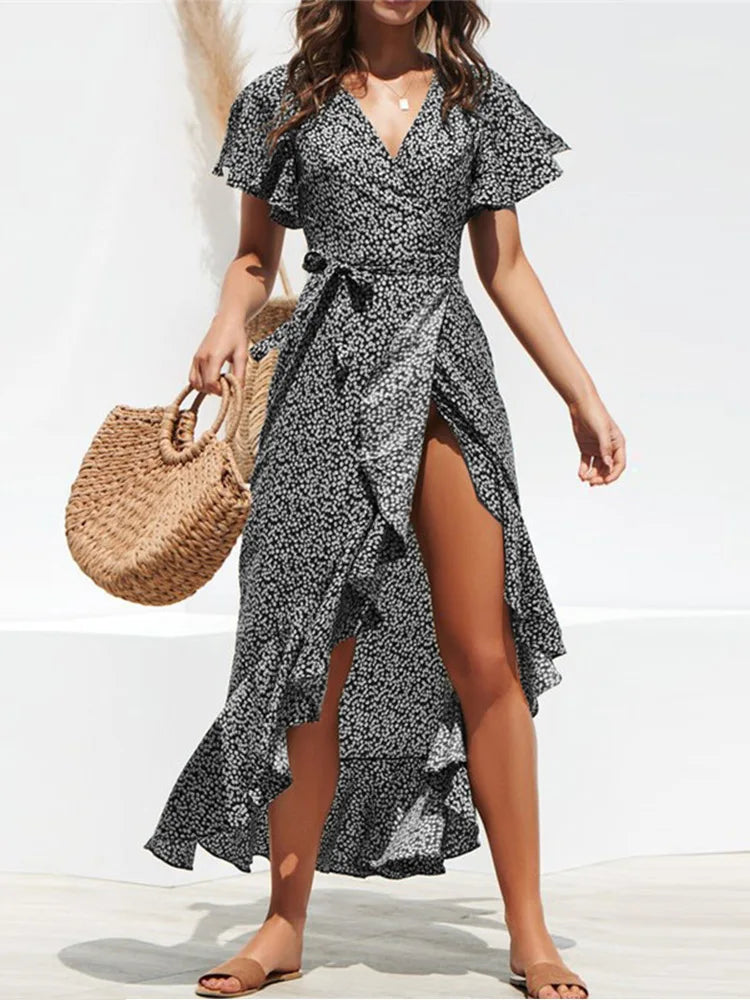 Boho Floral Chiffon Maxi Dress – Ruffled Wrap Beachwear | Dozw