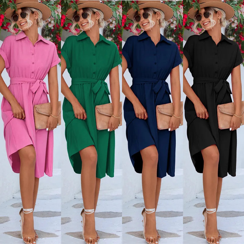Summer Waist-Tie Long Shirt Dress – Elegant Streetwear for Women