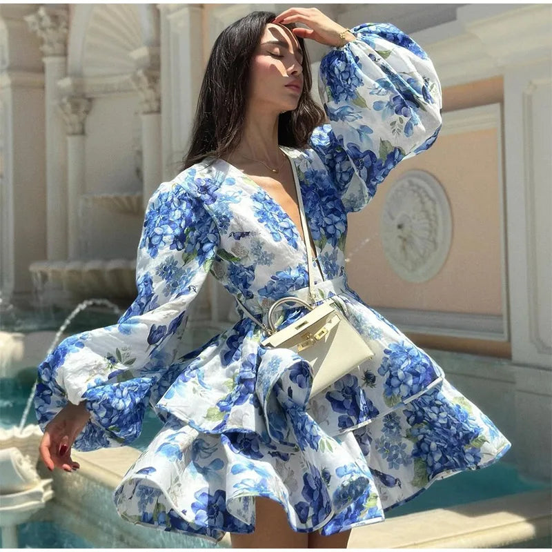 Elegant Floral Backless Party Mini Dress – Lace-Up Ruffle A-line Sling Dress for Women