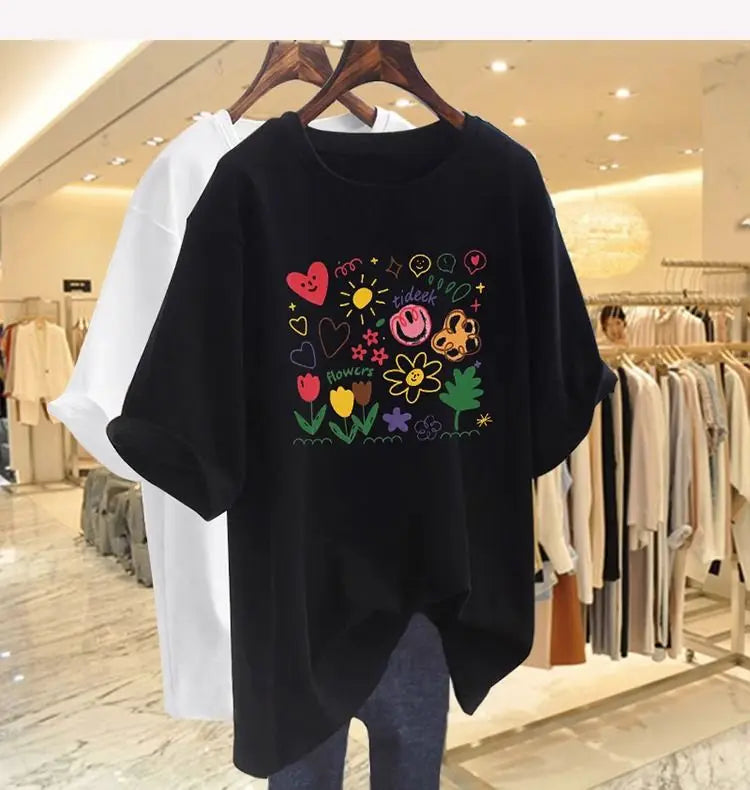 Women’s Chic Hand-Painted Floral T-Shirt – Casual Summer Cotton Tee