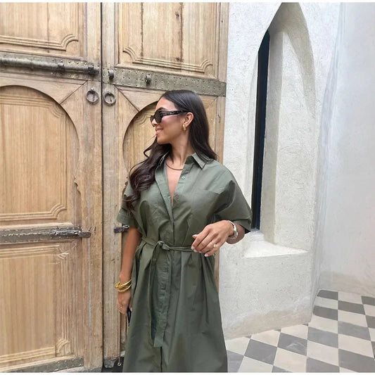 Lace-Up Buttoned Casual Dress – Short Sleeve, Turn-Down Collar | MODIVA