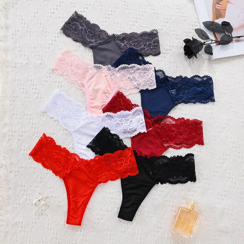 Sheer Lace Mid-Rise Women's Thong Panties - Nylon Knit Underwear, Lingerie Intimates for Ladies | Comfortable Hollow Design
