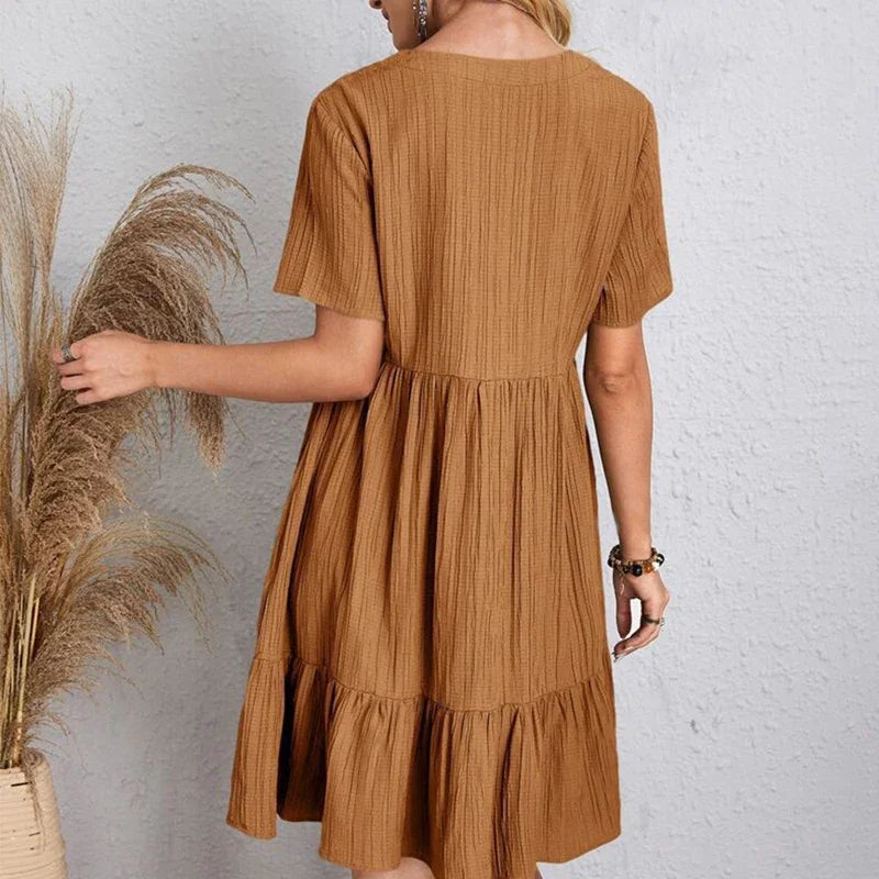 2025 Loose V-neck Pleated Bohemian Dress – Summer A-line Beach Dress for Women