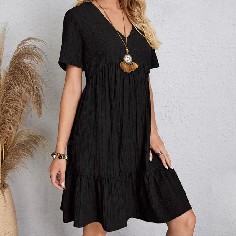 2025 Loose V-neck Pleated Bohemian Dress – Summer A-line Beach Dress for Women