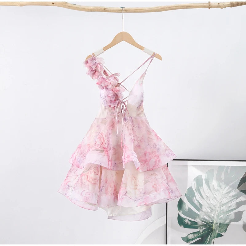 Elegant Floral Backless Party Mini Dress – Lace-Up Ruffle A-line Sling Dress for Women