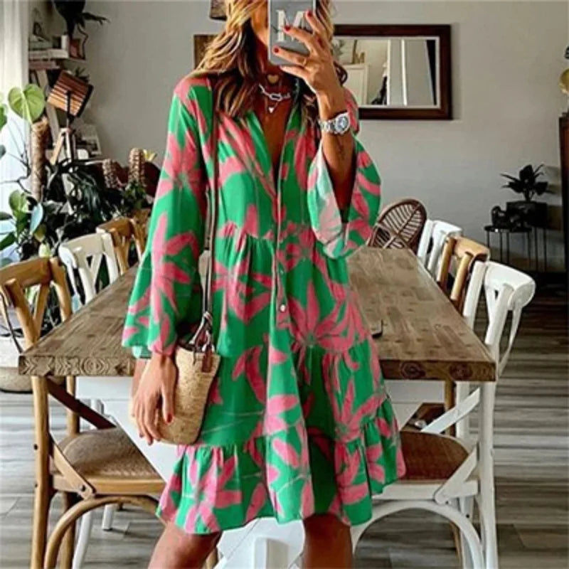 Women's Printed Dress Long Sleeve Printed Bell Sleeves