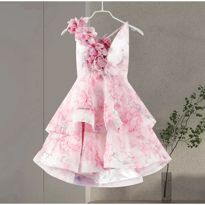 Elegant Floral Backless Party Mini Dress – Lace-Up Ruffle A-line Sling Dress for Women