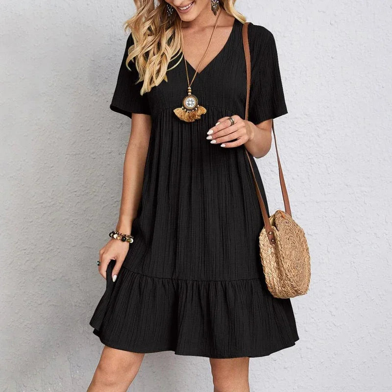 2025 Loose V-neck Pleated Bohemian Dress – Summer A-line Beach Dress for Women