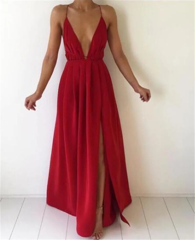 Sexy Women Boho Maxi Club Red Dress – Elegant Deep V-Neck Bandage Infinity Gown
