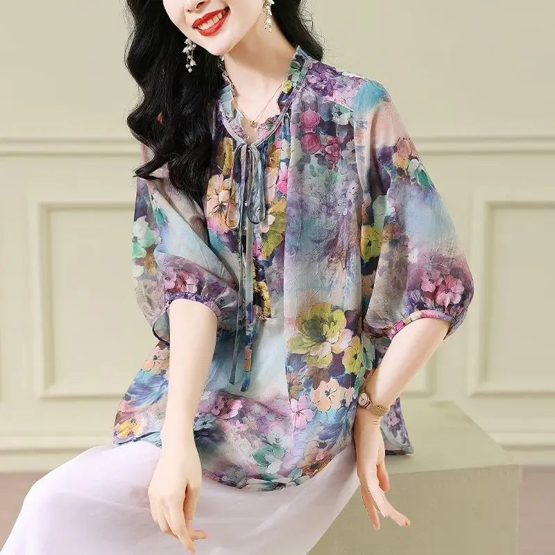 Vintage Floral Chiffon Blouse – Loose Half Sleeve Summer Top for Women