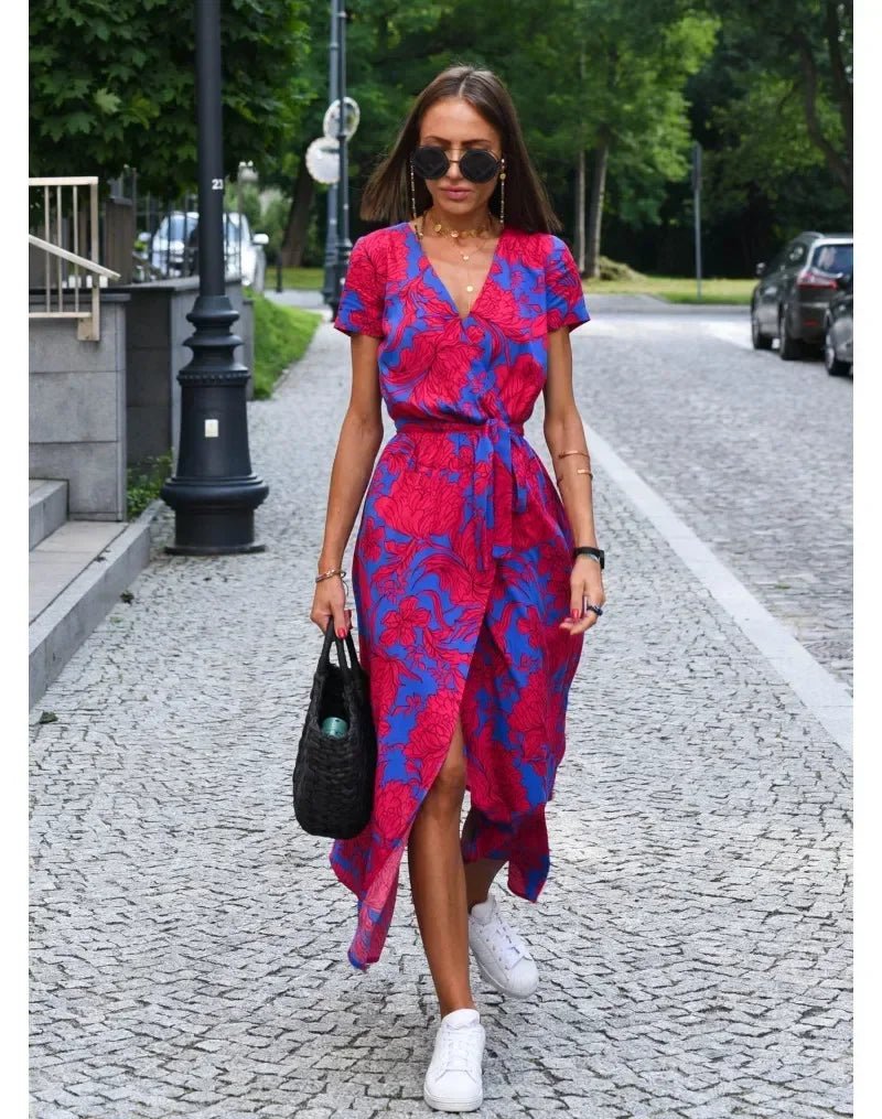 Floral V-Neck Summer Midi Dress – Split Hem Vacation Style | MODIVA
