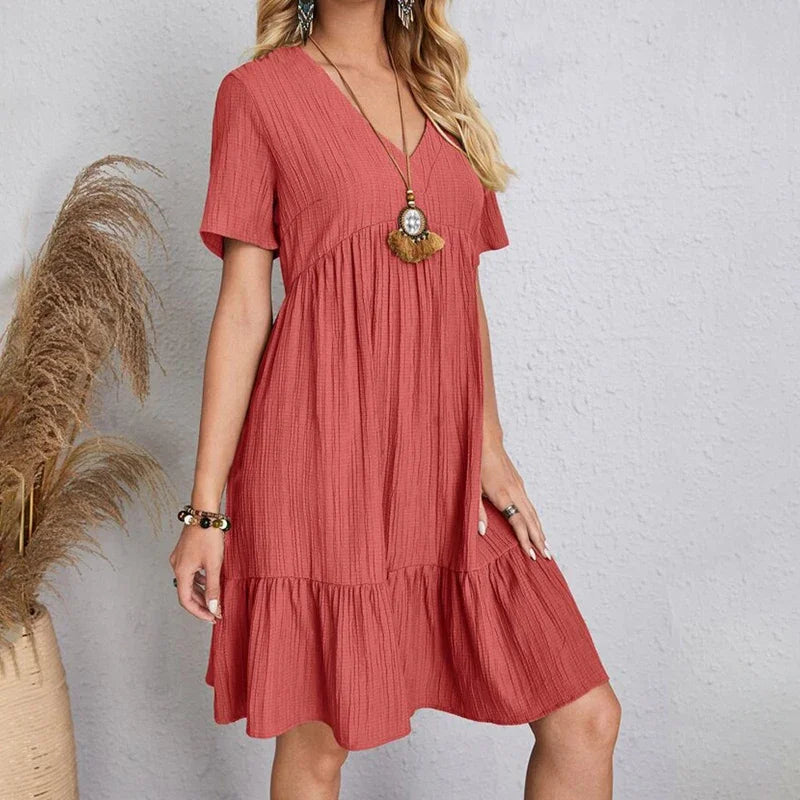 2025 Loose V-neck Pleated Bohemian Dress – Summer A-line Beach Dress for Women