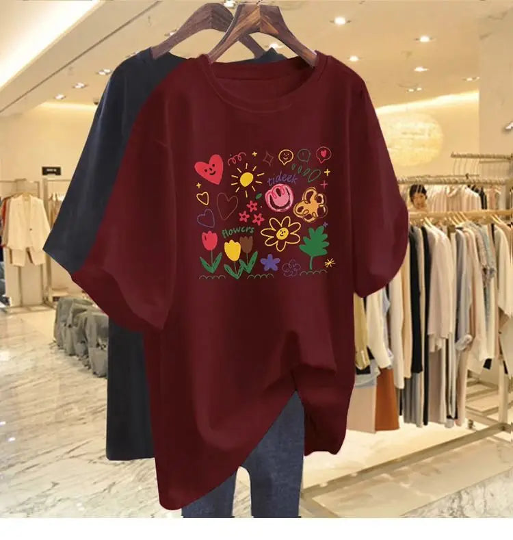 Women’s Chic Hand-Painted Floral T-Shirt – Casual Summer Cotton Tee