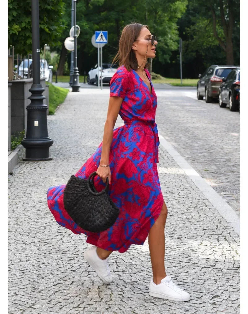 Floral V-Neck Summer Midi Dress – Split Hem Vacation Style | MODIVA