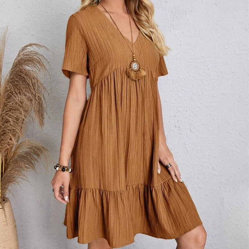 2025 Loose V-neck Pleated Bohemian Dress – Summer A-line Beach Dress for Women