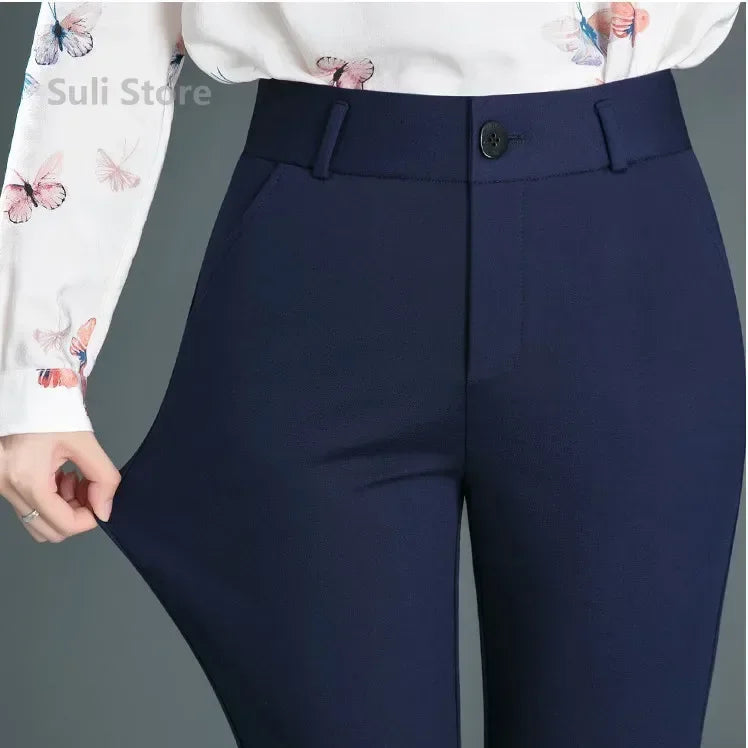 Mid Waist Black & Navy Blue Trousers – Casual Button Elastic Pants for Women