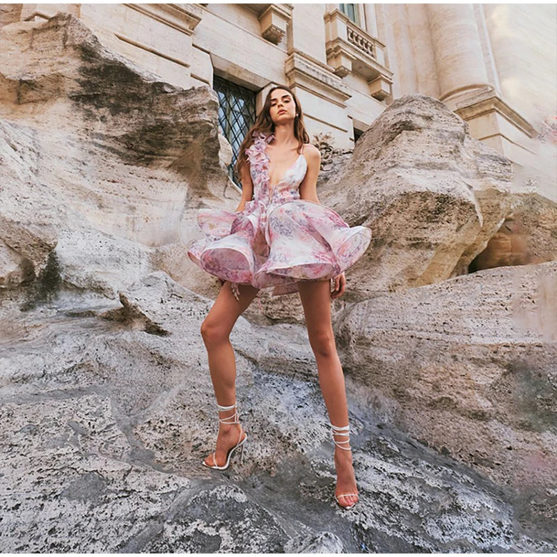 Elegant Floral Backless Party Mini Dress – Lace-Up Ruffle A-line Sling Dress for Women