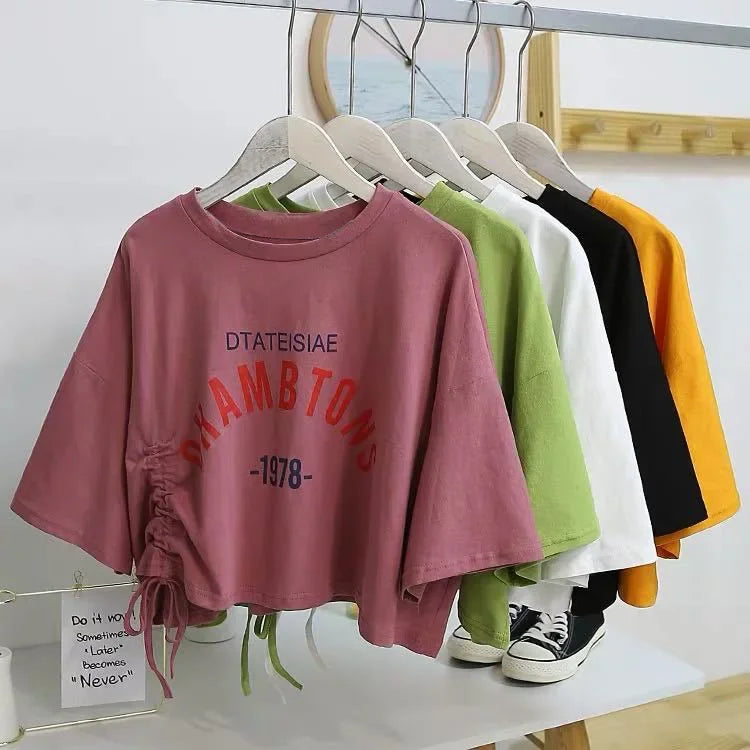 Fashionable Printed Drawstring Short Sleeve Crop Top – Women's Casual Summer T-Shirt