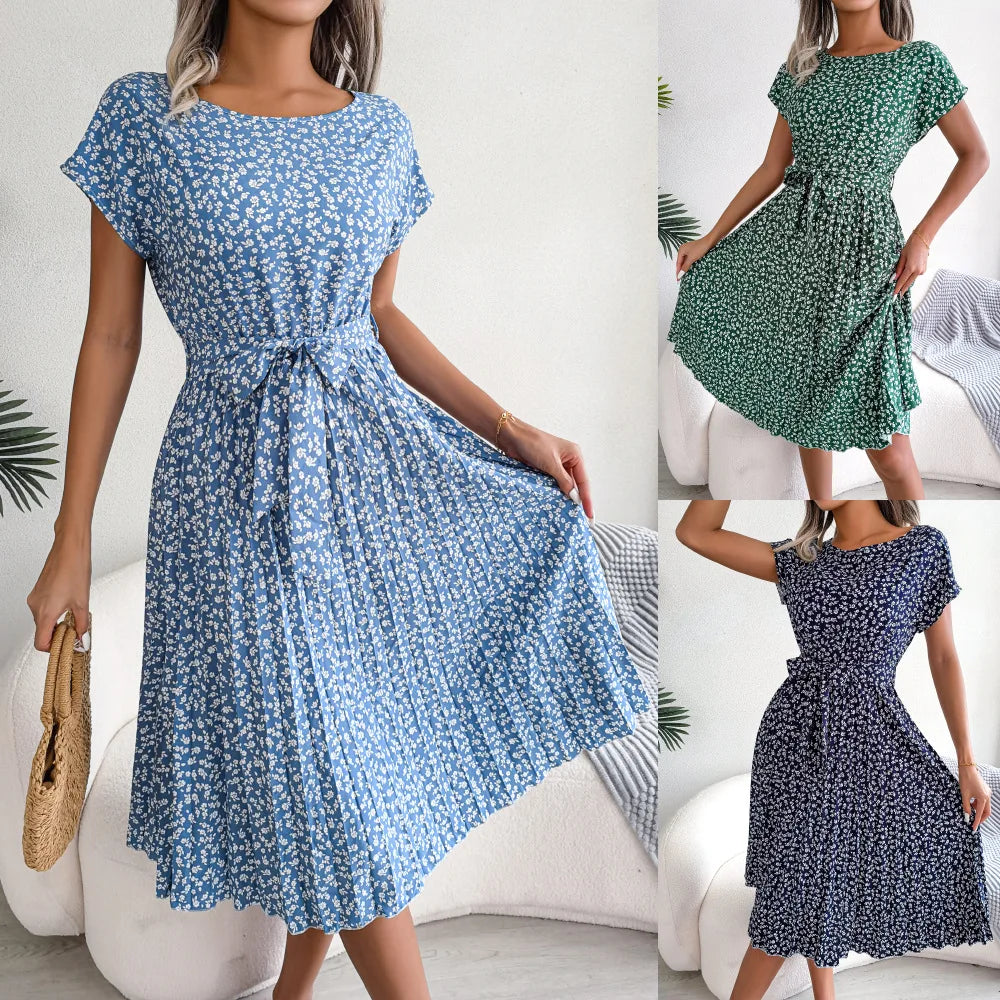 Floral Pleated Chic Summer Dress – High Waist, Short Sleeve, A-Line Knee-Length Dress for Women