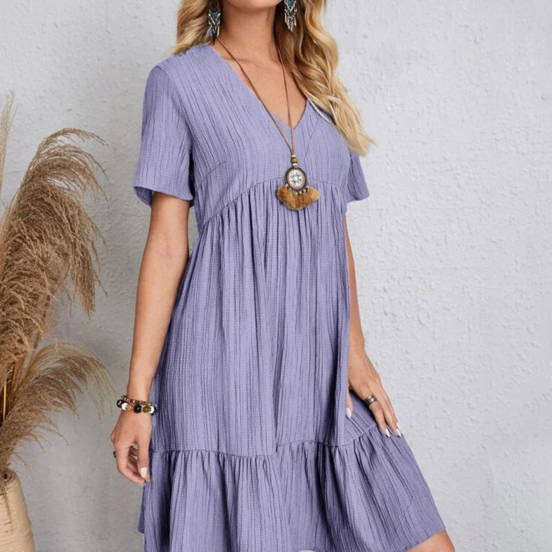 2025 Loose V-neck Pleated Bohemian Dress – Summer A-line Beach Dress for Women