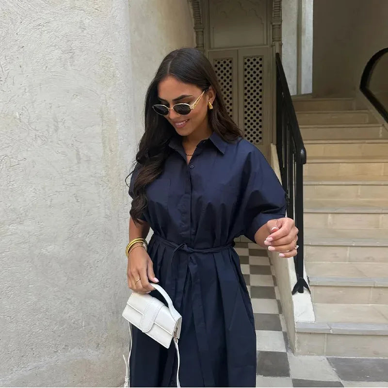 Lace-Up Buttoned Casual Dress – Short Sleeve, Turn-Down Collar | MODIVA