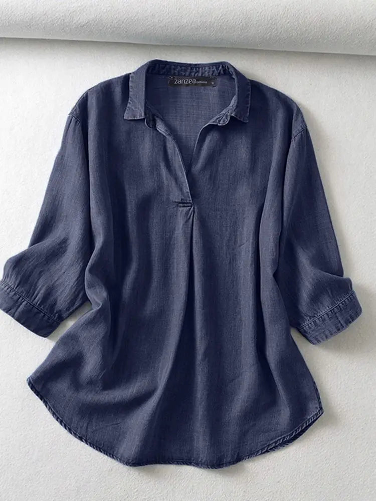 ZANZEA Women’s 3/4 Sleeve Denim Blouse – Casual Summer Button Shirt