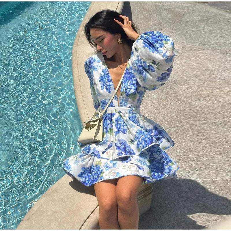 Elegant Floral Backless Party Mini Dress – Lace-Up Ruffle A-line Sling Dress for Women