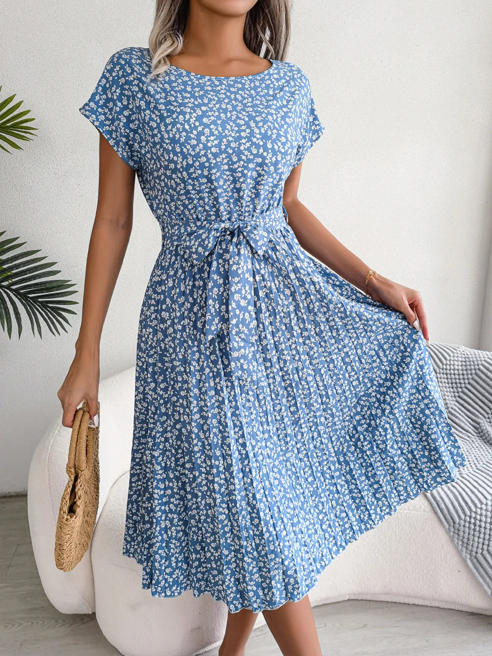 Floral Pleated Chic Summer Dress – High Waist, Short Sleeve, A-Line Knee-Length Dress for Women