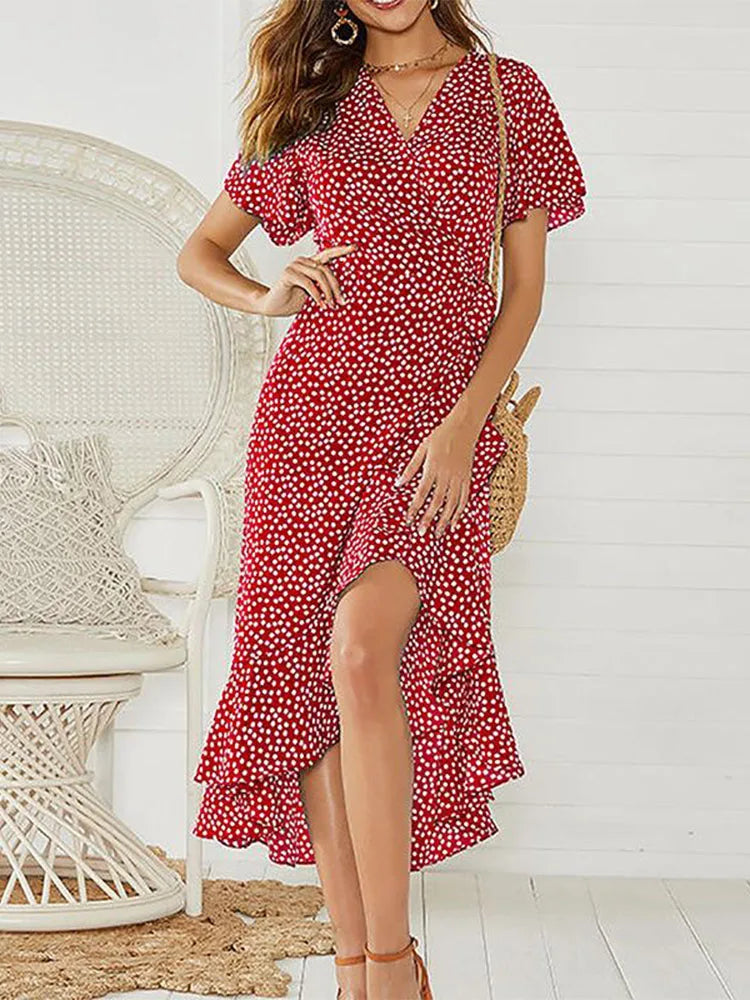 Boho Floral Chiffon Maxi Dress – Ruffled Wrap Beachwear | Dozw