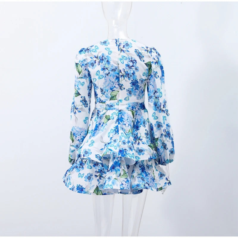 Elegant Floral Backless Party Mini Dress – Lace-Up Ruffle A-line Sling Dress for Women