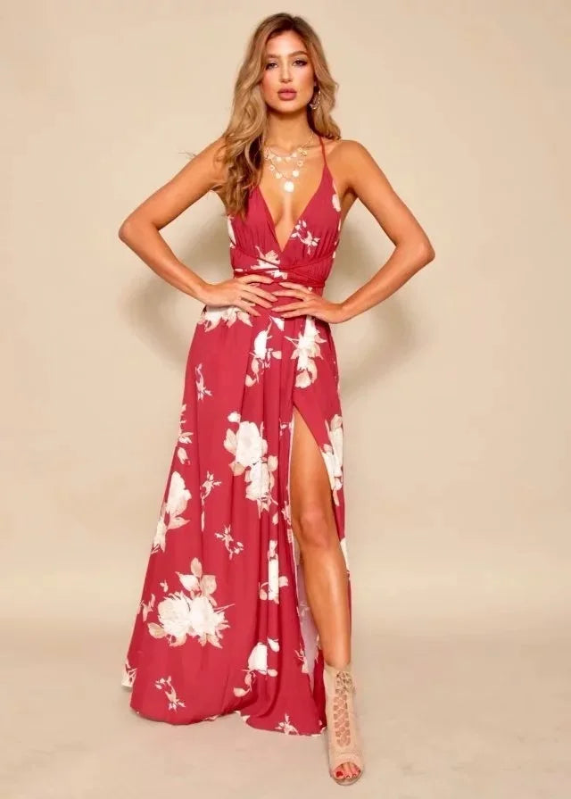 Sexy Women Boho Maxi Club Red Dress – Elegant Deep V-Neck Bandage Infinity Gown