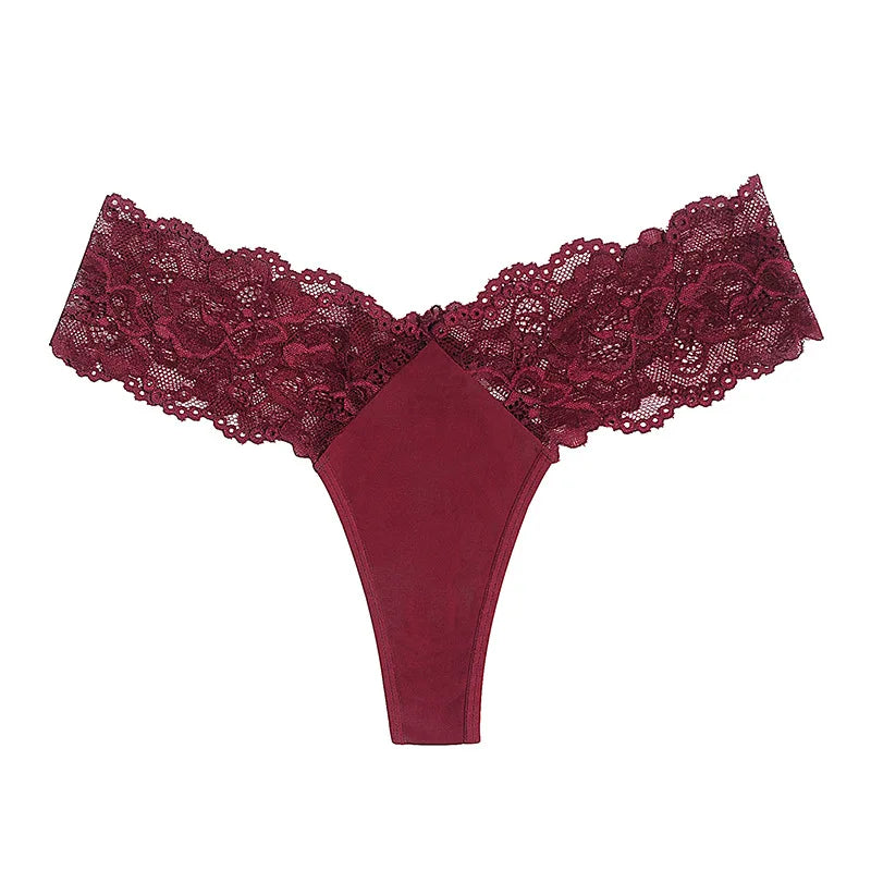 Sheer Lace Mid-Rise Women's Thong Panties - Nylon Knit Underwear, Lingerie Intimates for Ladies | Comfortable Hollow Design