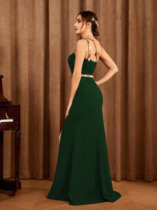 Mgiacy Sequin Slit Backless Evening Gown – Elegant Party & Bridesmaid Dress
