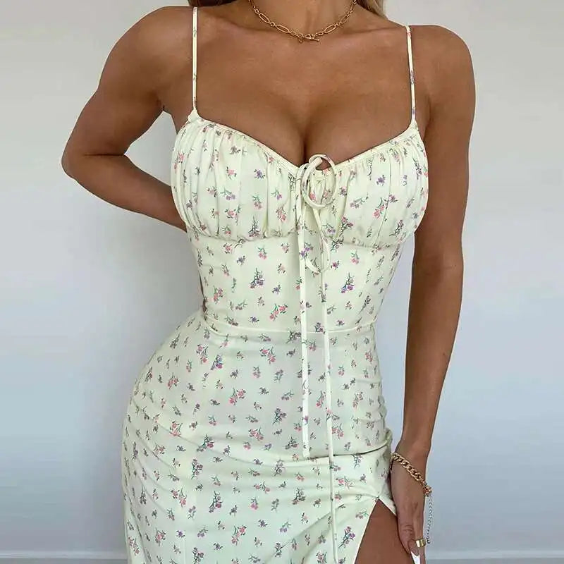 Women Elegant Floral Beach Vacation Dress Vintage Bodycon Streetwear Long Sling Vent Dress