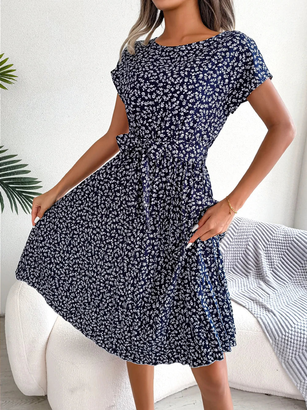 Floral Pleated Chic Summer Dress – High Waist, Short Sleeve, A-Line Knee-Length Dress for Women