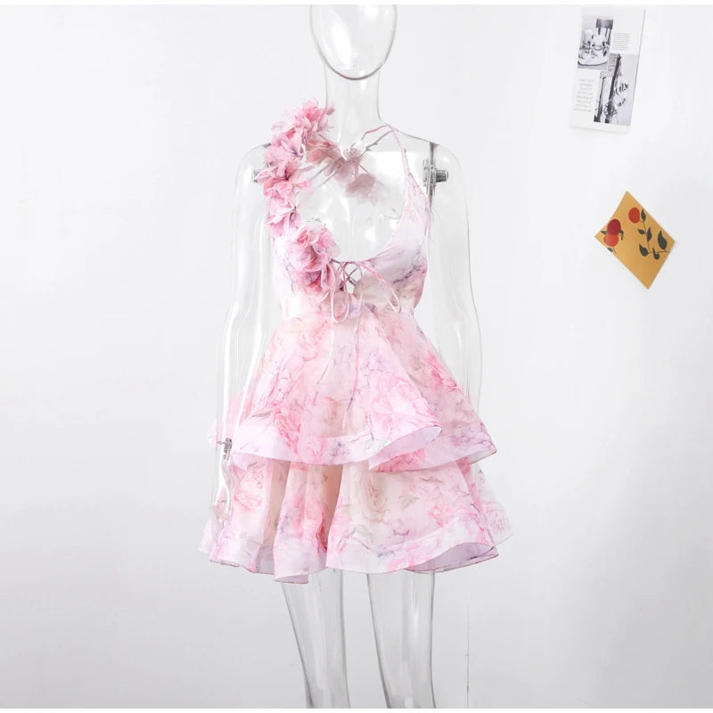 Elegant Floral Backless Party Mini Dress – Lace-Up Ruffle A-line Sling Dress for Women