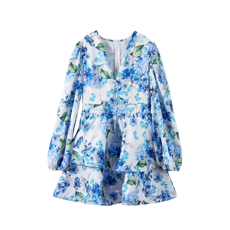 Elegant Floral Backless Party Mini Dress – Lace-Up Ruffle A-line Sling Dress for Women